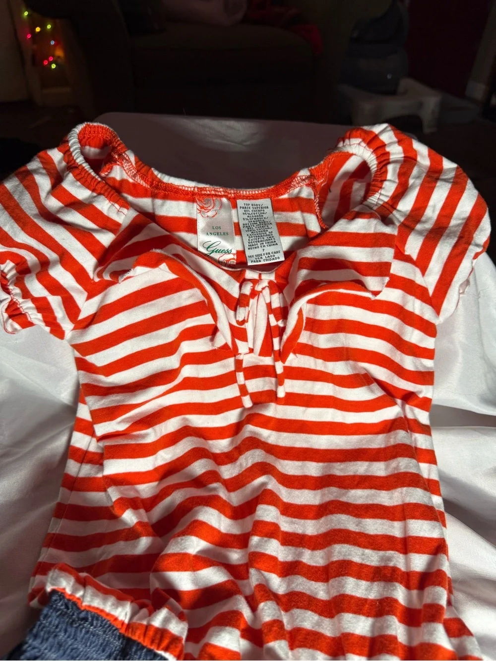 Guess Red & White Striped Top with Denim-Look Bottom Romper. One piece. Kids 7
